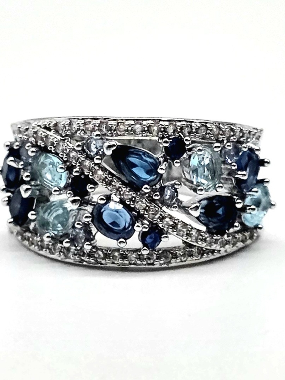 Silver-Filled Blue Multi-Gemstone Zircon Ring Size 7